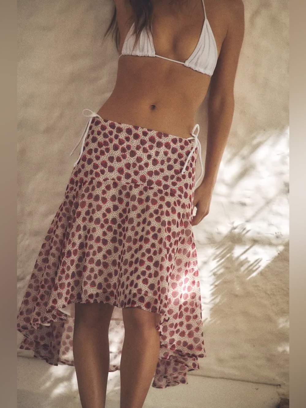 Zara White High-Low Skirt with Raspberry Dot Print. Pop.